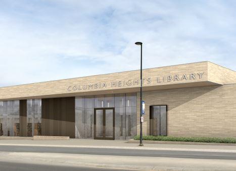 Single story blonde brick building, with large windows and sign: Columbia Heights Library