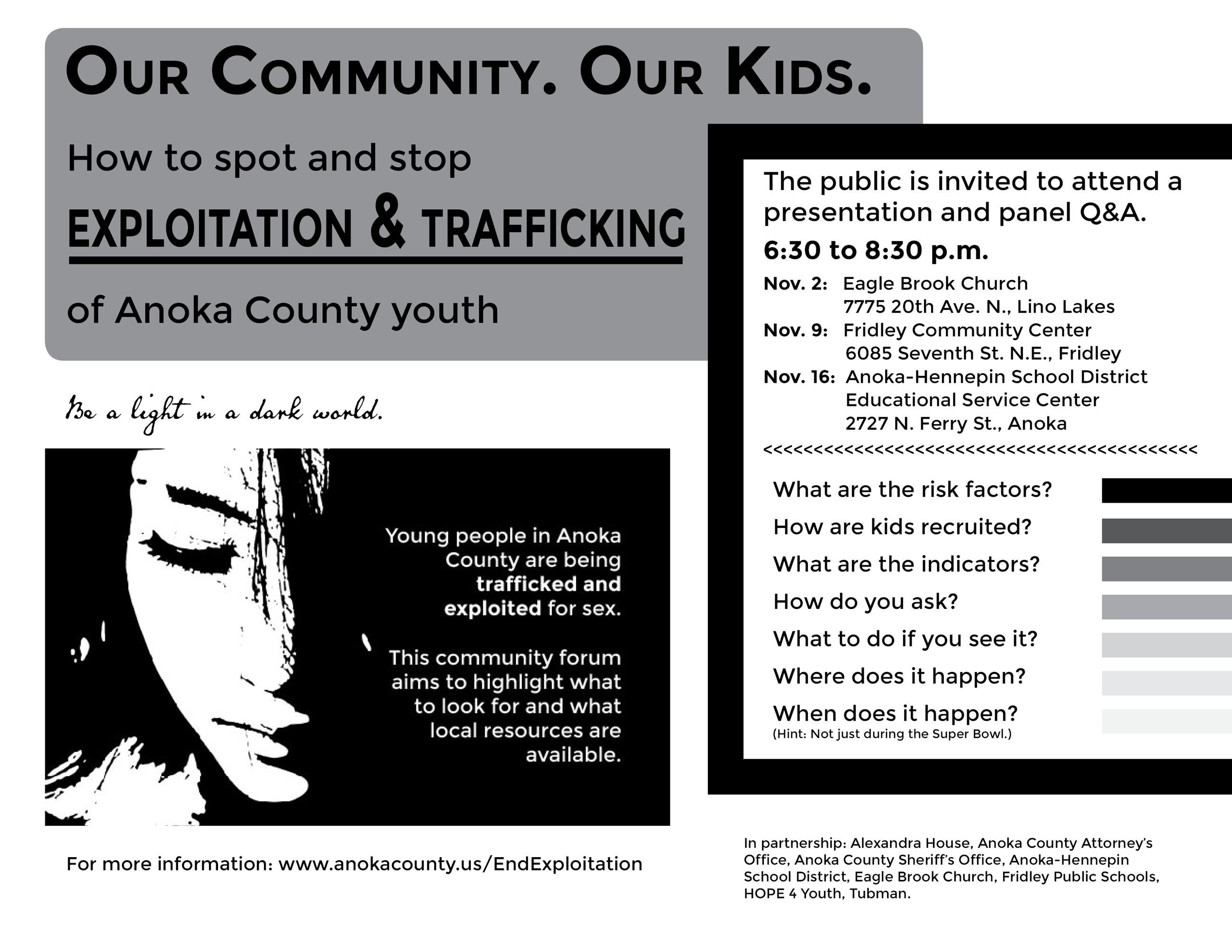 This flier provides information on upcoming community forums