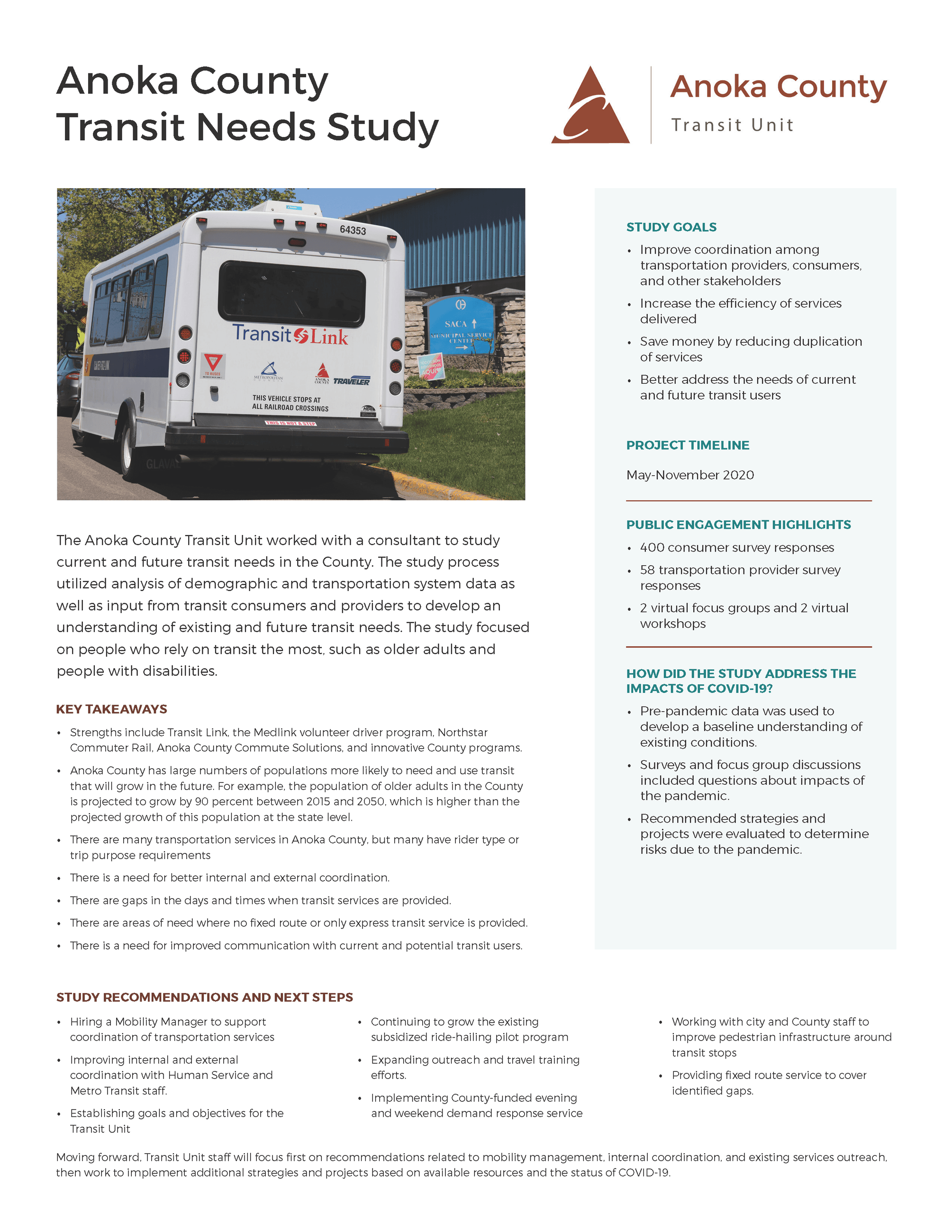 Anoka County Transit Needs Study - One Page Summary