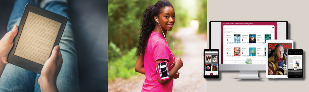 elibrary devices- ebook reader on lap, female jogging down path listening to audiobook, devices