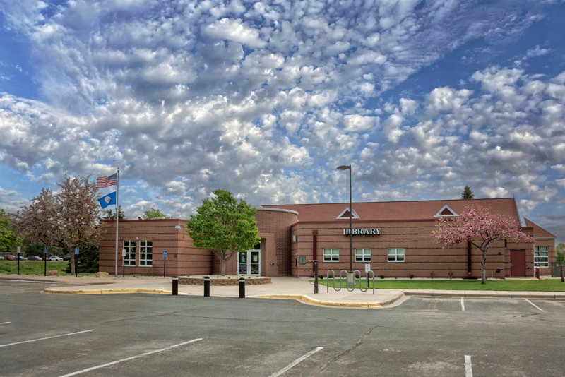 Johnsville Library front - exterior brick sidewalk trees 800