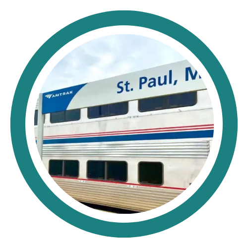 Button depicting an Amtrak train at Union Depot in Saint Paul