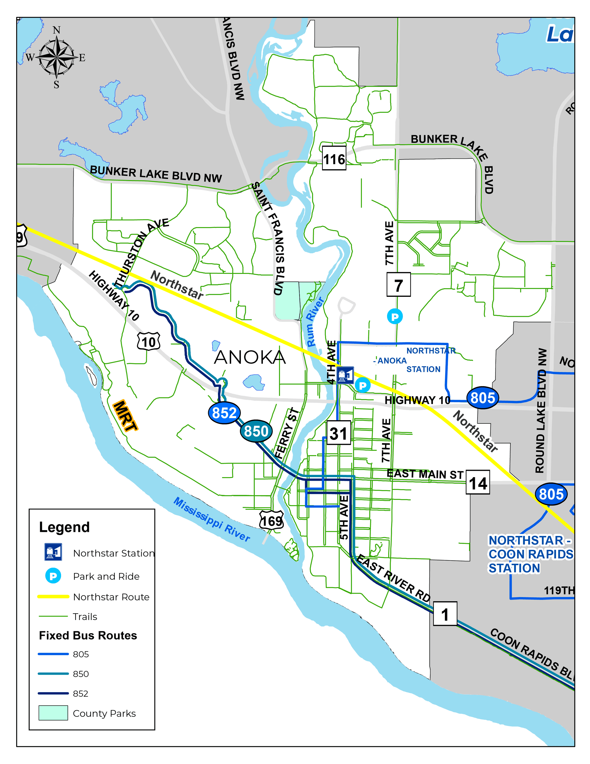 Map of Anoka, MN featuring transit information and biking infrastructure.