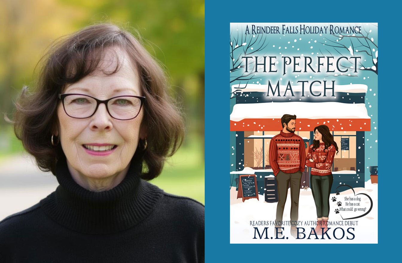 author M. E. Bakos with their book - The Perfect Match, A Reindeer Falls Holiday Romance