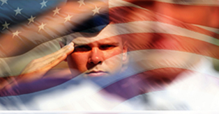 Servicemember saluting with the American flag waving around him